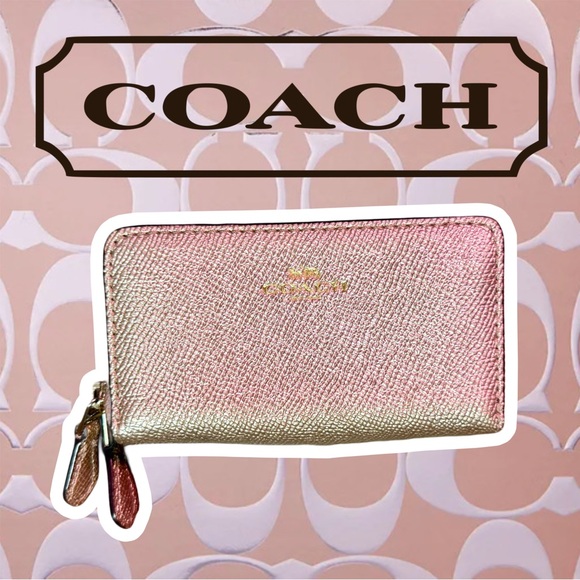 Coach Metallic Rose Gold Double Zip Card Case / Small Wallet - Picture 1 of 11